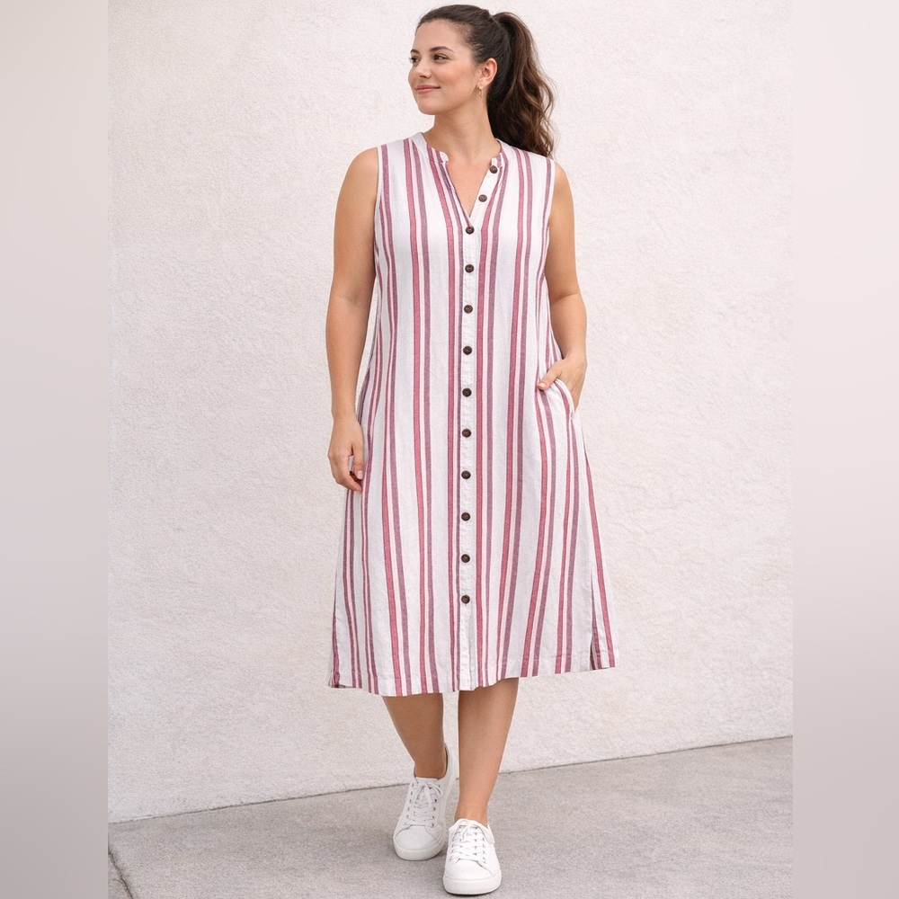 LOFT Linen Striped Button-Front Dress Pockets 16P 1X XL Petite‎ Coastal Summer